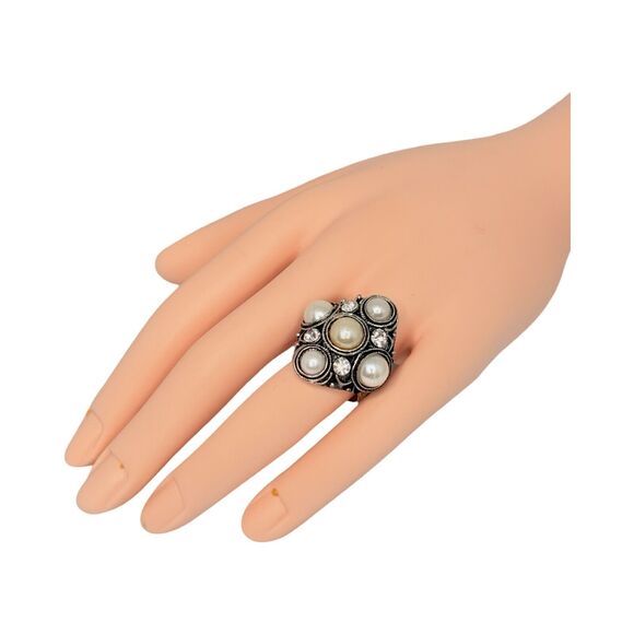 Vintage White Pearl Rhinestone Cocktail Ring Sz 6.5 Antiqued Finish Adjustable - Picture 9 of 16